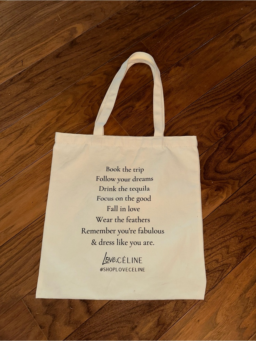 Celine Cream Canvas Tote with Black Inspirational Print